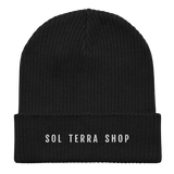 Black organic cotton beanie with embroidered name