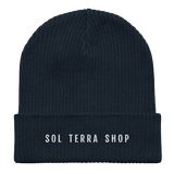 Navy organic cotton beanie with embroidered name