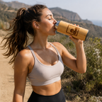 WOMAN ON A RUN DRINKING FROM THE SOL TERRA SHOP BAMBOO REUSABLE WATER BOTTLE