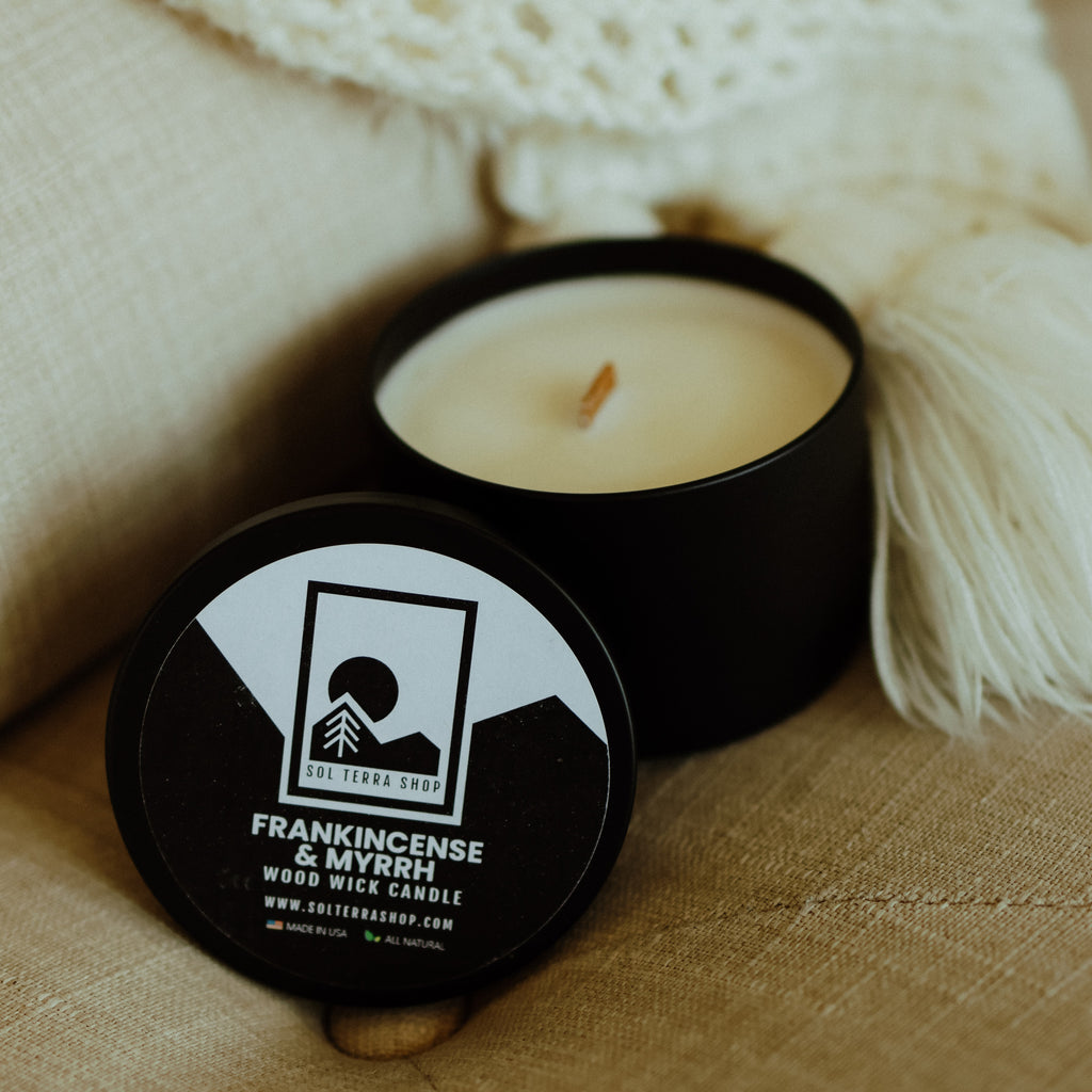 soy candle with wood wick, frankincense & myrrh scented