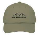 Khaki organic cotton cap with 'Sol Terra Shop' logo on a white background