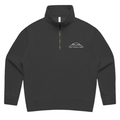 Black quarter-zip organic cotton sweatshirt with a logo on the chest against a white background