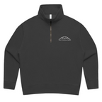 Black quarter-zip organic cotton sweatshirt with a logo on the chest against a white background