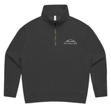 Black quarter-zip organic cotton sweatshirt with a logo on the chest against a white background