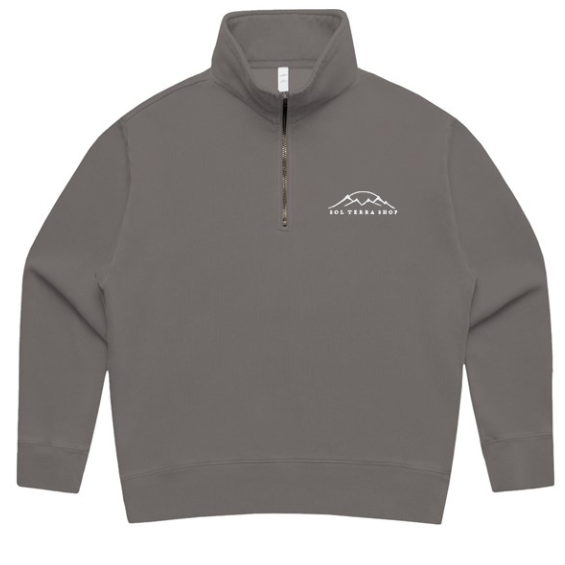 Gray organic cotton pullover with a logo on a white background
