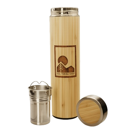 REUSABLE BAMBOO WATER BOTTLE  WITH TEA STRAINER AND BAMBOO LID MADE BY SOL TERRA SHOP