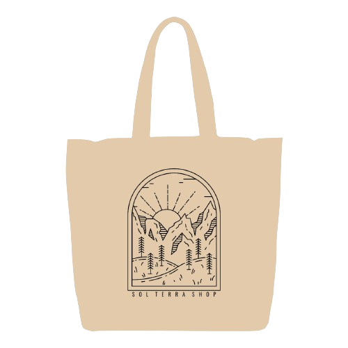 Natural color reusable tote bag with mountains design