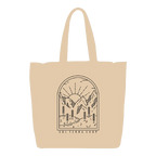 Natural color reusable tote bag with mountains design
