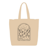 Natural color reusable tote bag with mountains design