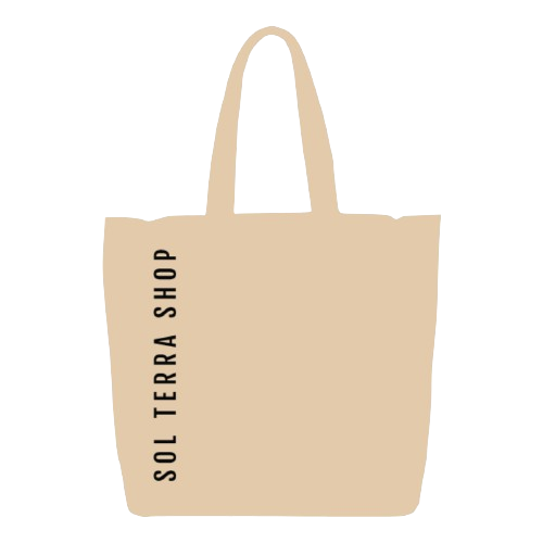 Natural color reusable tote bag with Sol Terra Shop name