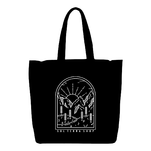 Black color reusable tote bag with mountain design
