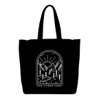 Black color reusable tote bag with mountain design