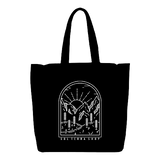 Black color reusable tote bag with mountain design