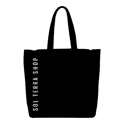 Black color reusable tote bag with Sol Terra Shop name