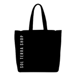 Black color reusable tote bag with Sol Terra Shop name