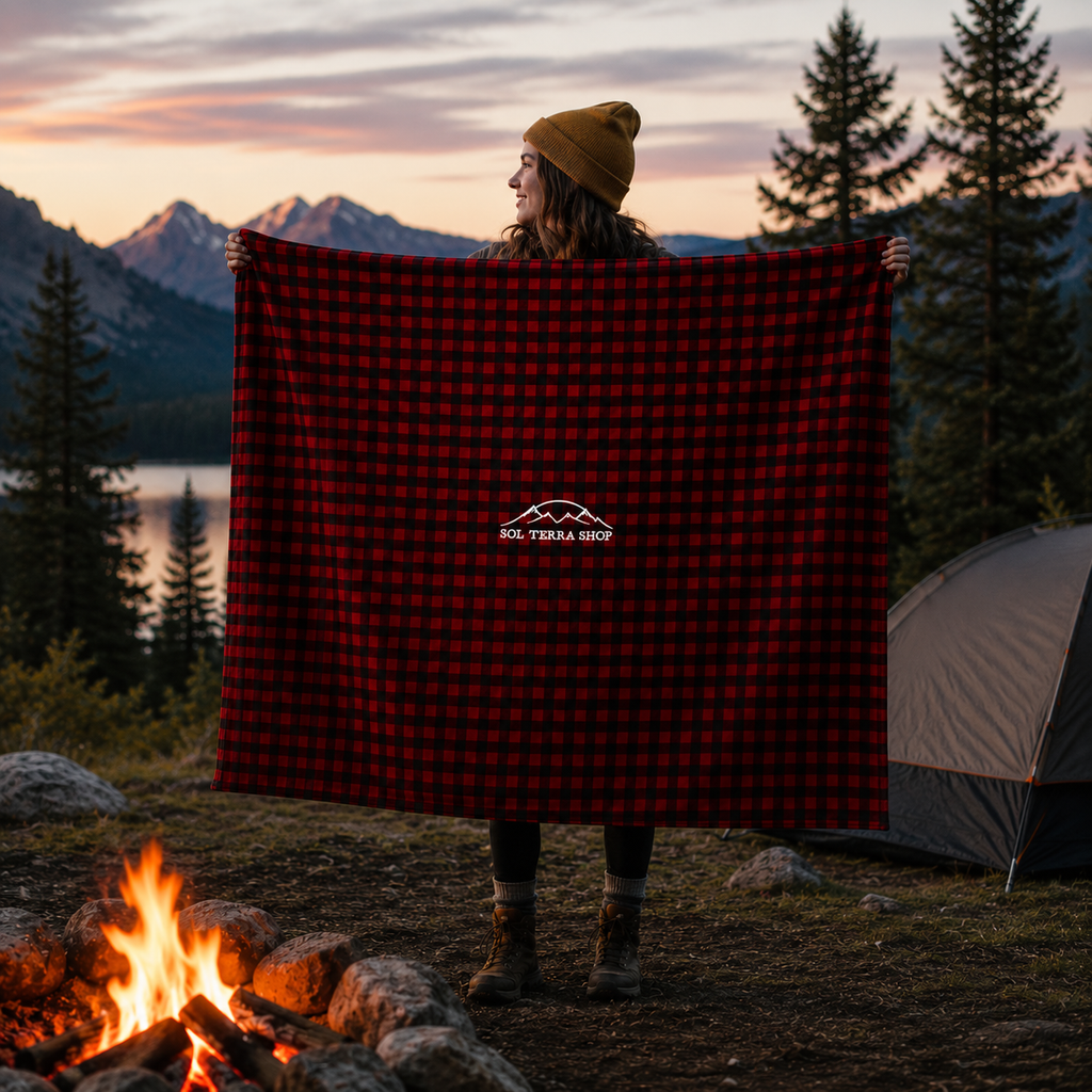 woman holding Sol Terra Shop organic cotton buffalo plaid blanket