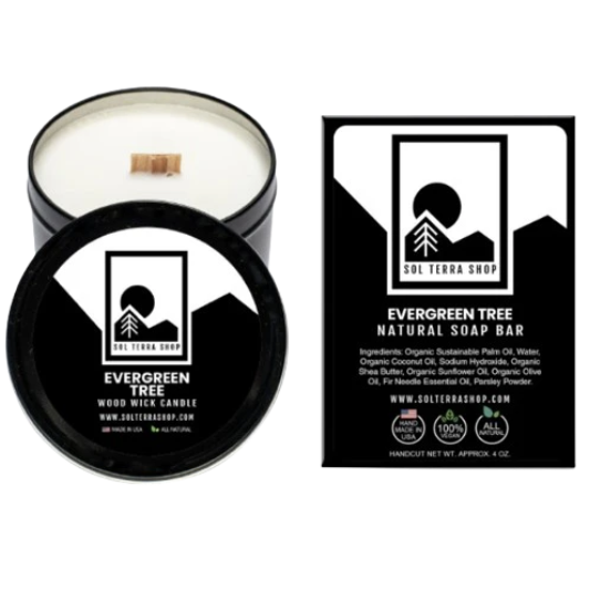 natural soap and sustainable soy candle evergreen tree scented