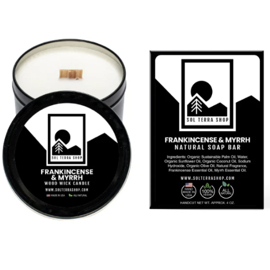 natural soap and sustainable soy candle frankincense and myrrh scented