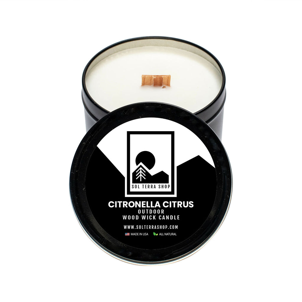 Candle with black lid featuring Sol Terra Shop logo and product details with citronella & citrus scent
