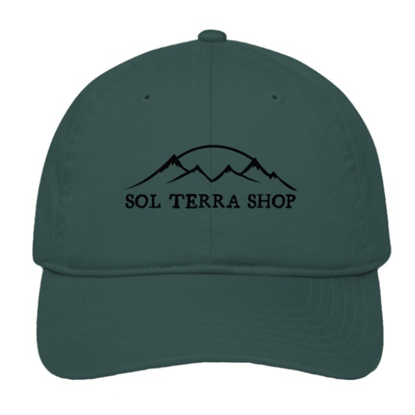 Green organic cotton cap with 'Sol Terra Shop' logo on a white background