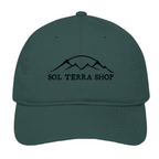 Green organic cotton cap with 'Sol Terra Shop' logo on a white background