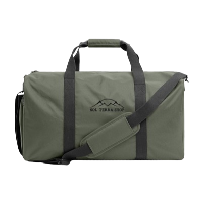 olive duffle bag made of recycled polyester fabric and organic cotton