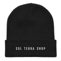 Black organic cotton beanie with embroidered name