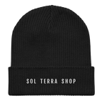 Black organic cotton beanie with embroidered name