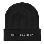 Black organic cotton beanie with embroidered name