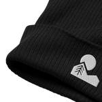 Black organic cotton beanie with embroidered logo