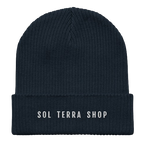 Navy organic cotton beanie with embroidered name