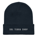 Navy organic cotton beanie with embroidered name