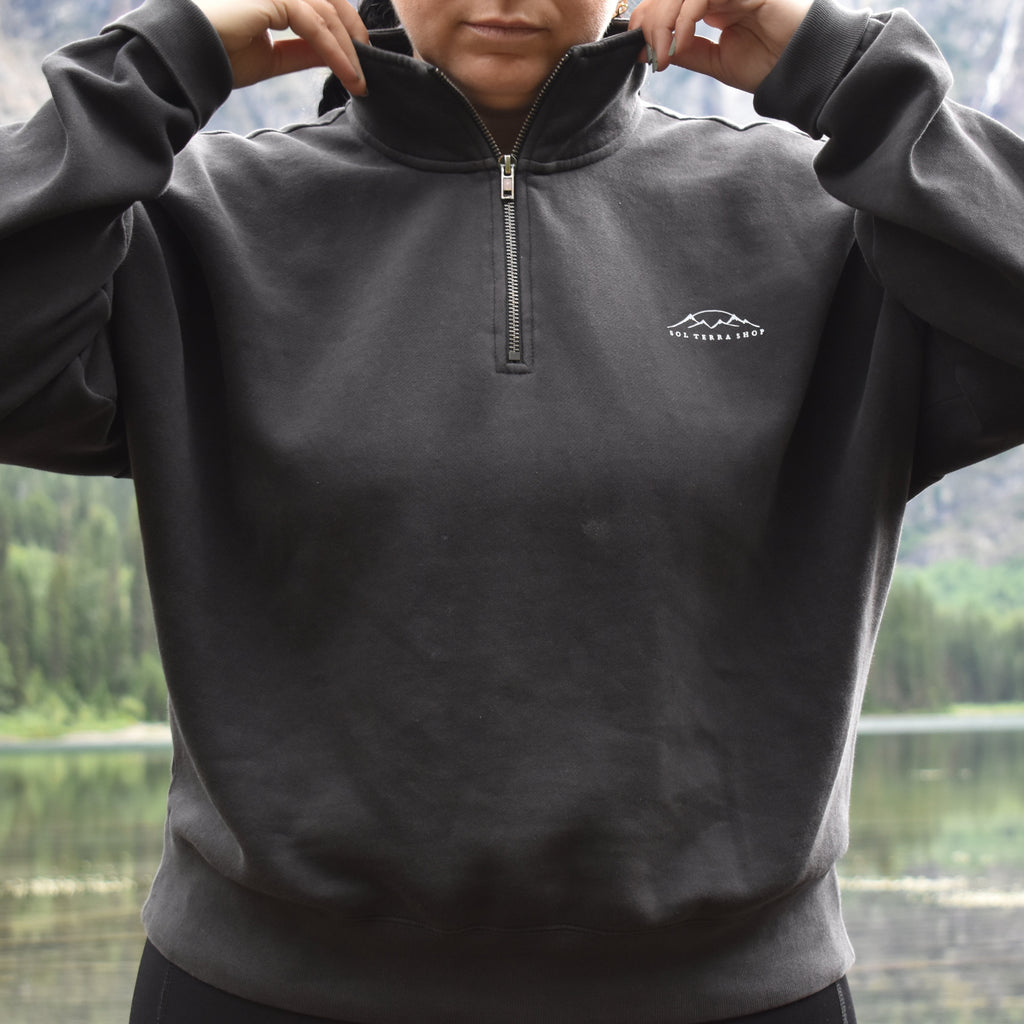 woman wearing organic cotton sweater in grey