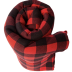 Red and black plaid organic cotton blanket rolled up