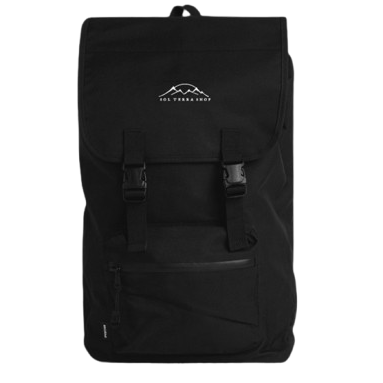Black recycled backpack with a brand logo, sol terra shop, in white
