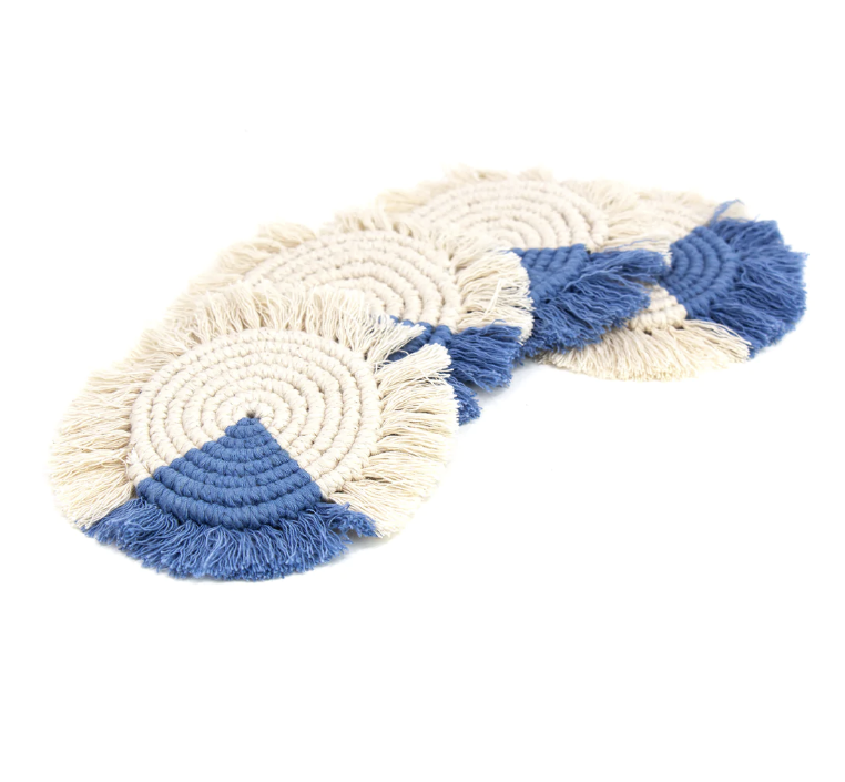 Blue macrame fringed coasters