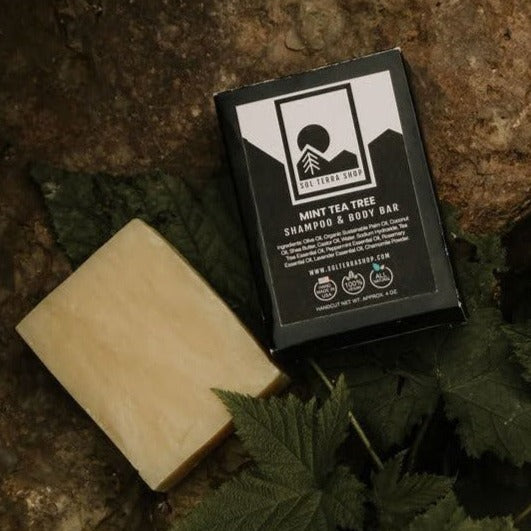 Shampoo & Body Bar made with mint and tea tree oil.